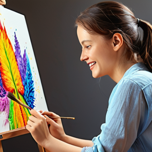 **A person painting with AI, deeply focused and joyful, embodying intrinsic motivation in learning. The artwork should be vibrant and express creativity, breaking from traditional learning methods.**