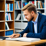 **

A professional education consultant, fully clothed in a modest business casual outfit, advising a student in a bright, modern library. Bookshelves and study tables are visible in the background. Perfect anatomy, correct proportions, natural pose, well-formed hands, proper finger count, safe for work, appropriate content, fully clothed, professional.

**