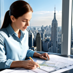 **

A professional architect, fully clothed in a modest blouse and slacks, reviewing blueprints in a brightly lit, modern architectural office. Large windows overlook a cityscape. Safe for work, appropriate content, perfect anatomy, natural proportions, well-formed hands, proper finger count, professional environment, family-friendly.

**