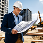 A professional architect, fully clothed in a stylish yet modest outfit, reviewing blueprints on a sunlit construction site. Background includes modern buildings and construction equipment. Perfect anatomy, correct proportions, natural pose, safe for work, appropriate content, professional.