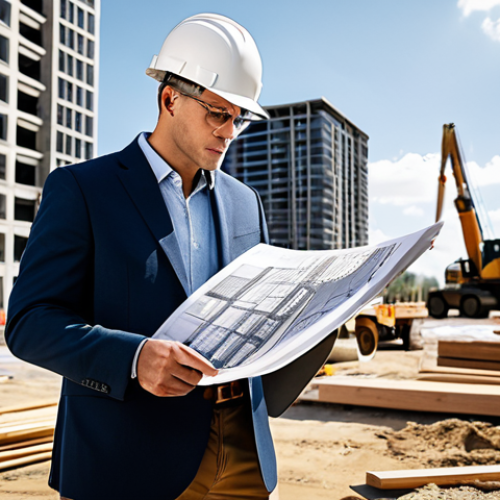 A professional architect, fully clothed in a stylish yet modest outfit, reviewing blueprints on a sunlit construction site. Background includes modern buildings and construction equipment. Perfect anatomy, correct proportions, natural pose, safe for work, appropriate content, professional.