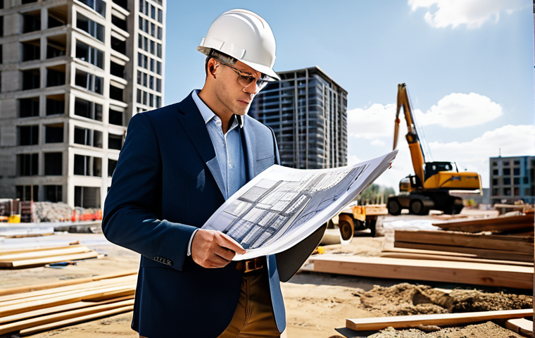A professional architect, fully clothed in a stylish yet modest outfit, reviewing blueprints on a sunlit construction site. Background includes modern buildings and construction equipment. Perfect anatomy, correct proportions, natural pose, safe for work, appropriate content, professional.