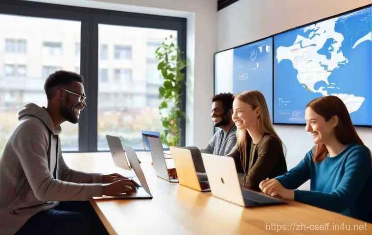 자기주도학습코치와 워크숍 기획 사례 - **Prompt:** A dynamic, brightly lit co-working or workshop space. A diverse group of four individual...