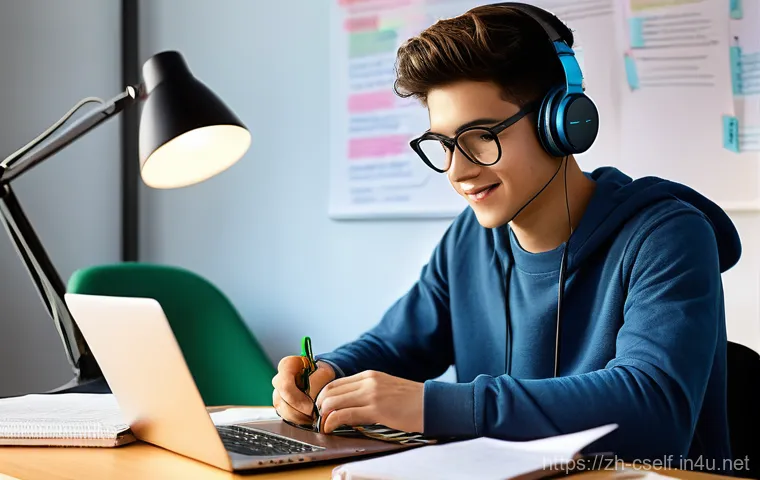 자기주도학습코치 강사 초청 이벤트 사례 - **Prompt:** "A vibrant, focused young man (16-19 years old) is seated comfortably at a clean, modern...