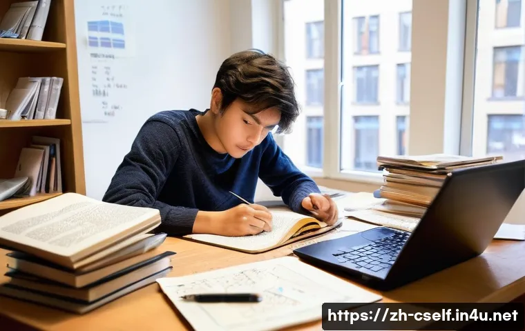 자기주도학습코치와 성공한 수강생 인터뷰 - **"Struggling Self-Learner at a Cluttered Desk"**: A young adult, dressed in comfortable, modest cas...