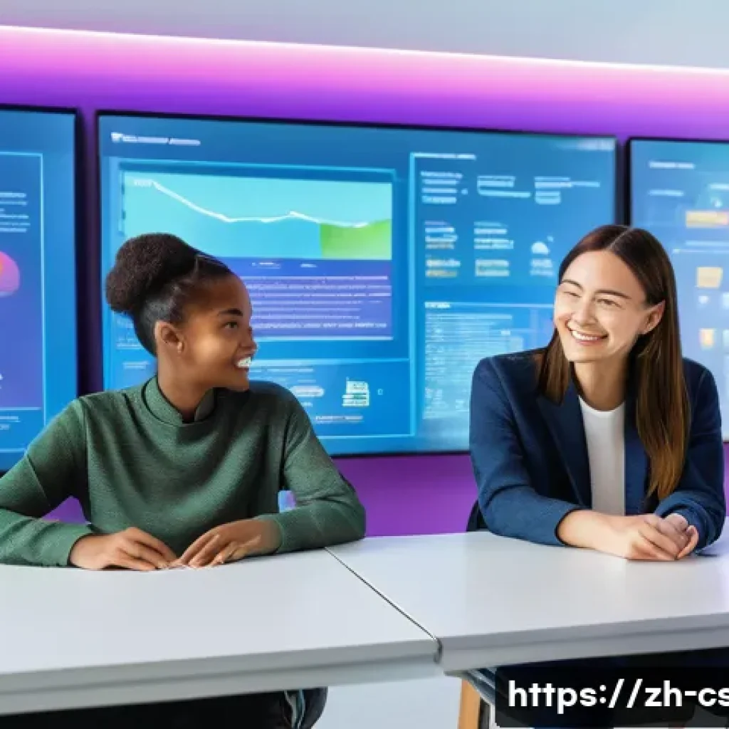 자기주도학습코치 취업 시장 전망 - **Prompt:** A vibrant and clean, futuristic classroom setting. A diverse group of four students, age...