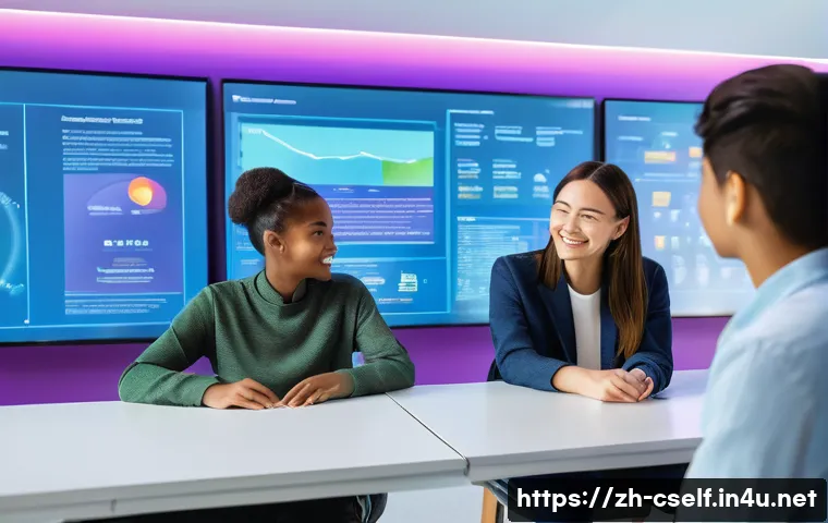 자기주도학습코치 취업 시장 전망 - **Prompt:** A vibrant and clean, futuristic classroom setting. A diverse group of four students, age...