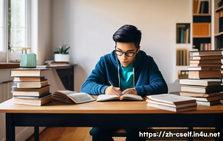 자기주도학습코치와 학습 목표 달성 사례 - **Prompt:** A person (gender-neutral, young adult) sits at a cluttered desk, surrounded by stacks of...