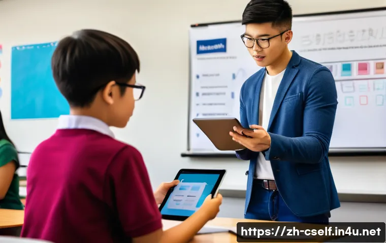 자기주도학습코치 직무 분석 리포트 작성 - A modern classroom scene showing a personalized learning session between a young Asian student weari...