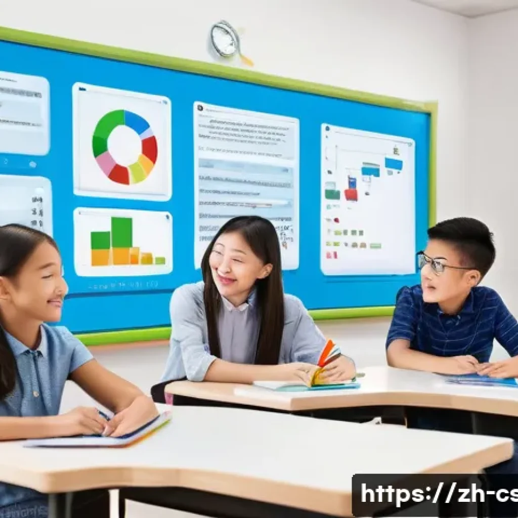 자기주도학습코치의 경력개발 성공 사례 - A modern classroom scene featuring a diverse group of students actively engaging with a personalized...