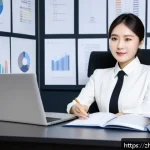 자기주도학습코치 이직 성공 전략 - A confident professional Chinese woman in modern business attire, sitting at a sleek desk with a lap...