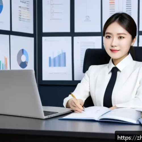 자기주도학습코치 이직 성공 전략 - A confident professional Chinese woman in modern business attire, sitting at a sleek desk with a lap...