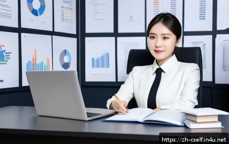 자기주도학습코치 이직 성공 전략 - A confident professional Chinese woman in modern business attire, sitting at a sleek desk with a lap...