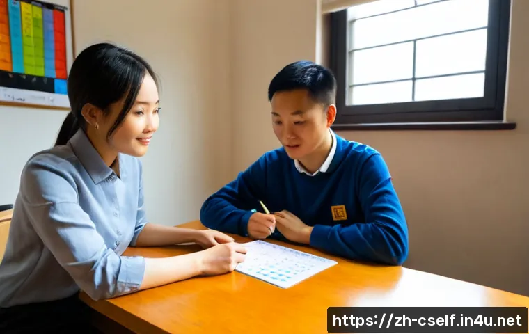 자기주도학습코치 코칭 세션 시뮬레이션 - Photorealistic self-directed learning coaching session, Chinese university student and supportive le...